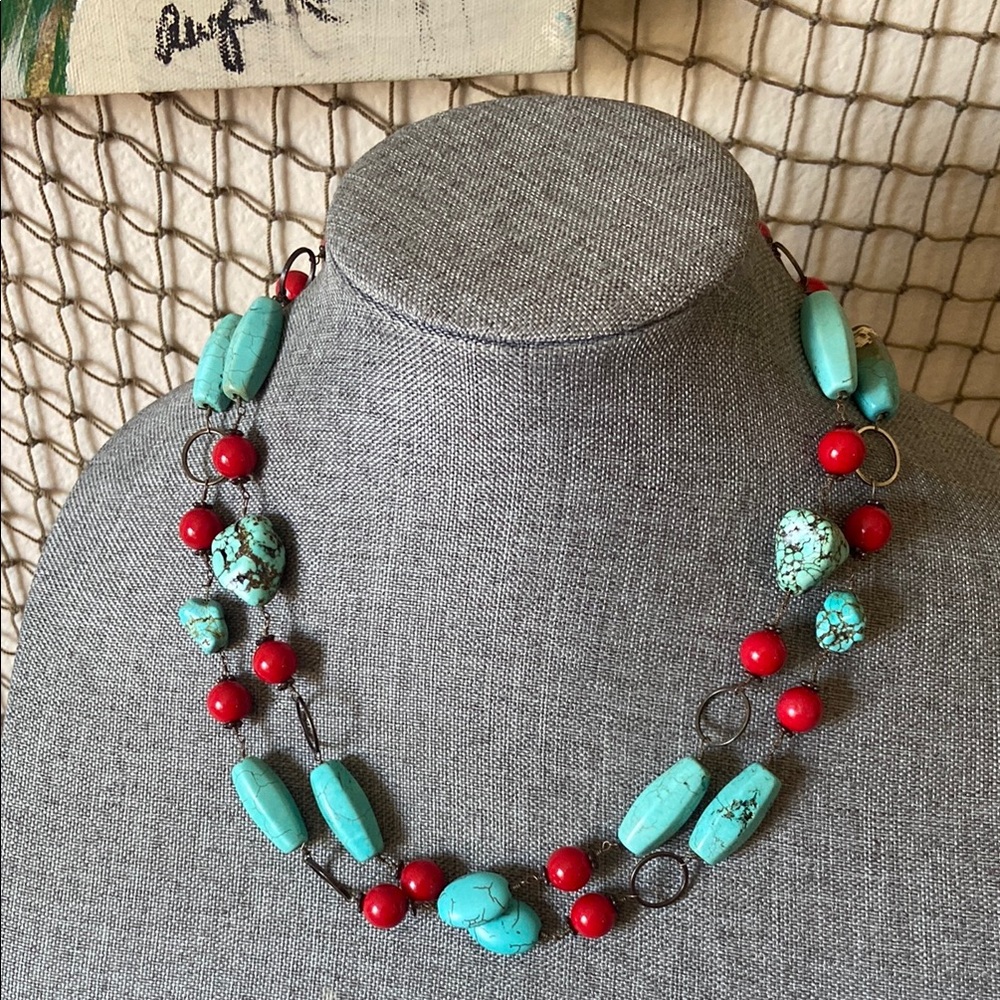 Vintage Artisan Aqua Howlite Stone & Red Glass Beads Necklace